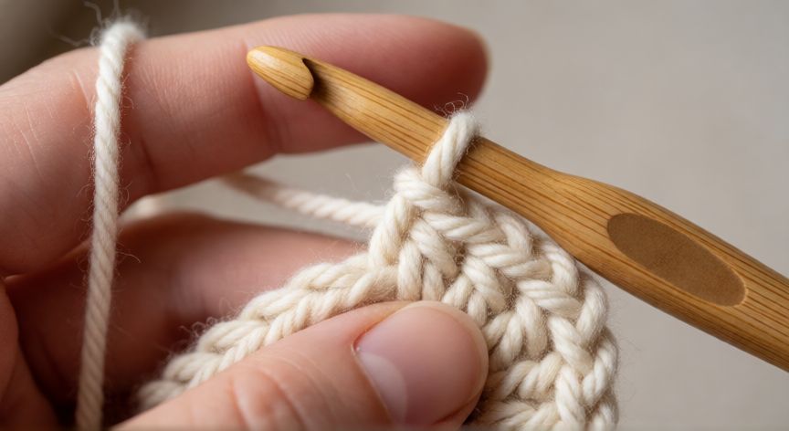 Manos realizando la inserción del gancho para hacer punto vareta en crochet con hilo crema