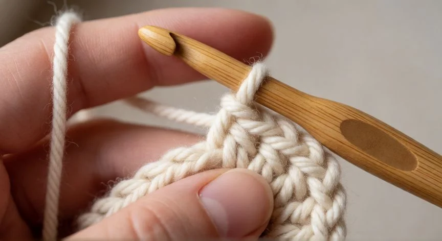 Manos tejiendo punto vareta en crochet con tres bucles en el ganchillo