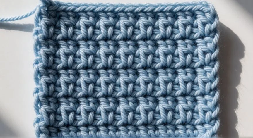 como hacer punto vareta en crochet, Muestra terminada de punto vareta en lavender sobre mesa de madera