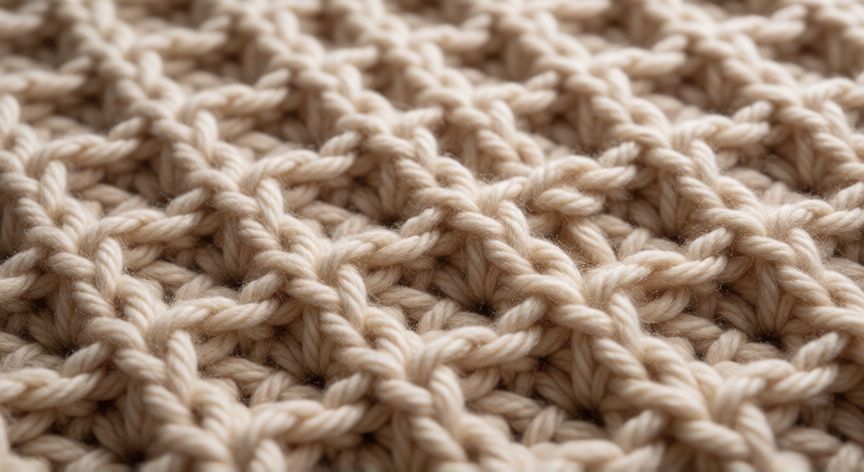 Detalle del punto waffle tejido a crochet con hilo de algodón beige
