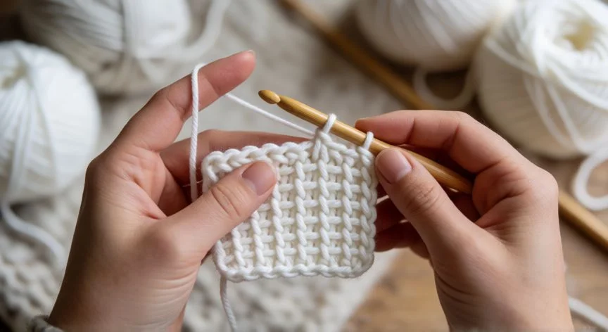 como hacer punto waffle a crochet, Manta de bebé con punto waffle en verde menta y blanco sobre mecedora