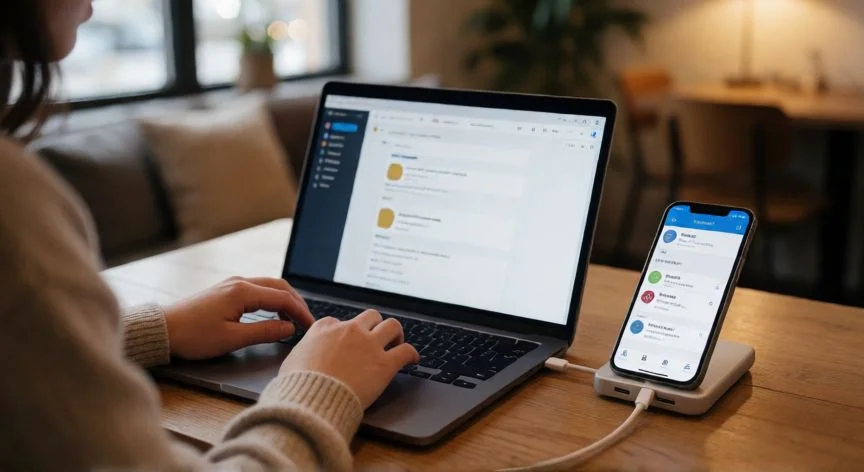 como hacer punto wifi iphone, Persona usando portátil conectado al iPhone con la función punto wifi activa y cargando