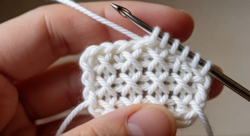 Detalle de manos realizando puntadas en cruz sobre una pieza de amigurumi blanca