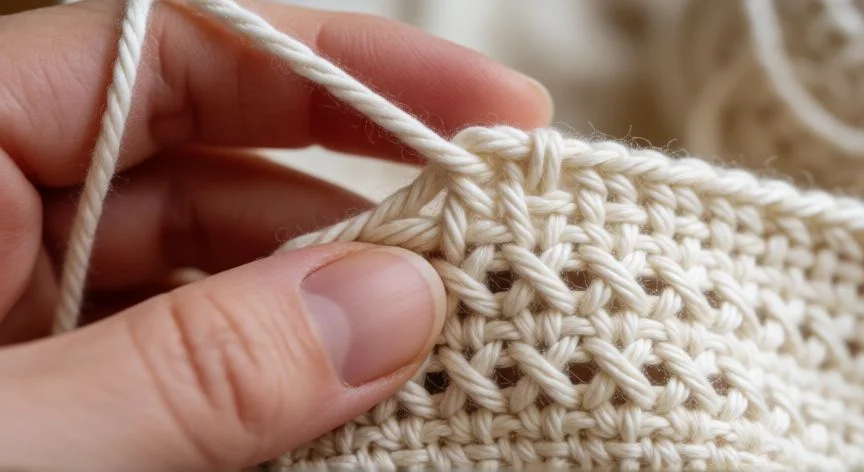 Detalle de manos realizando punto x en crochet con hilo grueso crema