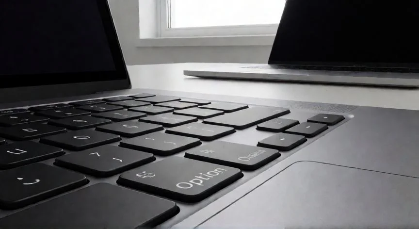 como hacer punto y coma, Teclado de portátil con la tecla Option y el punto y coma visibles en un escritorio moderno