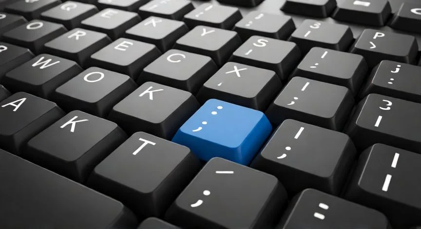 como hacer punto y coma en el teclado ingles, Teclado inglés con la tecla del punto y coma resaltada