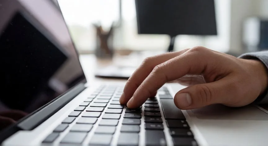 como hacer punto y coma en el teclado ingles, Persona usando un teclado de portátil inglés en una oficina
