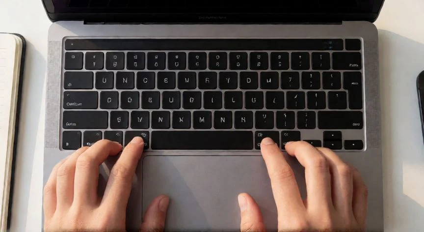 como hacer punto y coma en laptop, Manos escribiendo punto y coma en un teclado de MacBook combinando teclas