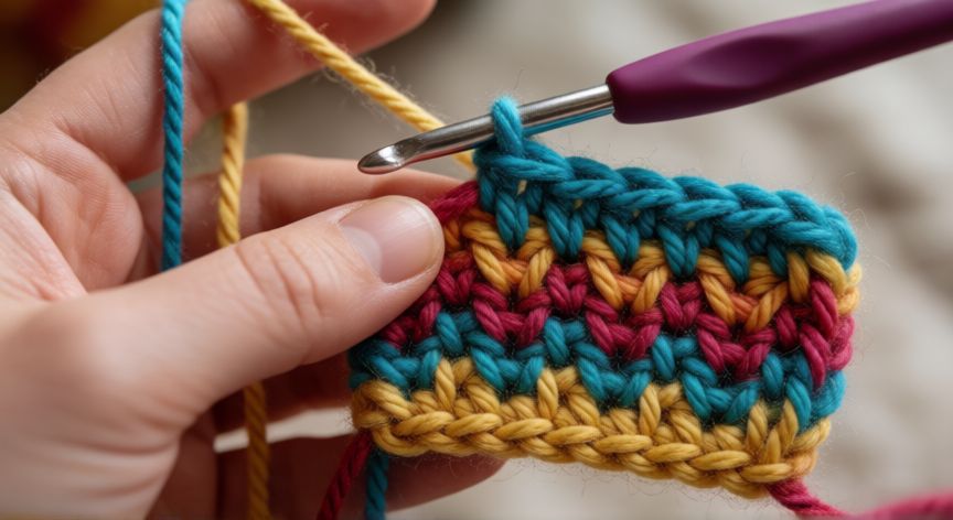 Manos realizando punto zig zag con ganchillo y lana de colores