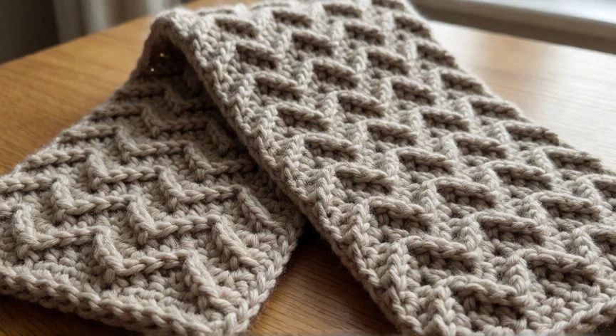 como hacer punto zig zag a crochet, Manta zig zag terminada en tonos pastel sobre sillón de madera