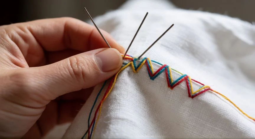 Manos realizando punto zigzag con dos agujas sobre tela de lino