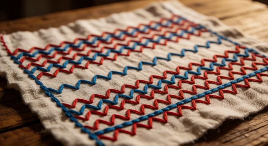 como hacer punto zig zag a dos agujas, Muestra terminada de punto elástico zig zag en dos colores sobre mesa de madera