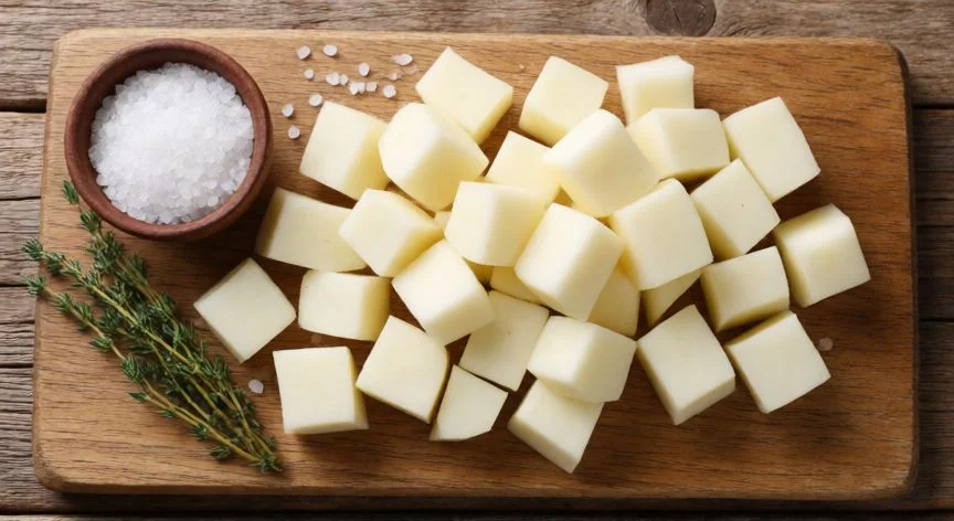 Patatas peladas y cortadas en cubos listas para cocer sobre tabla de madera