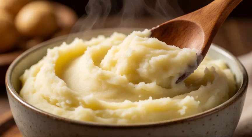 como hacer pure de patata, Puré de patatas cremoso y suave en un bol cerámico con vapor subiendo