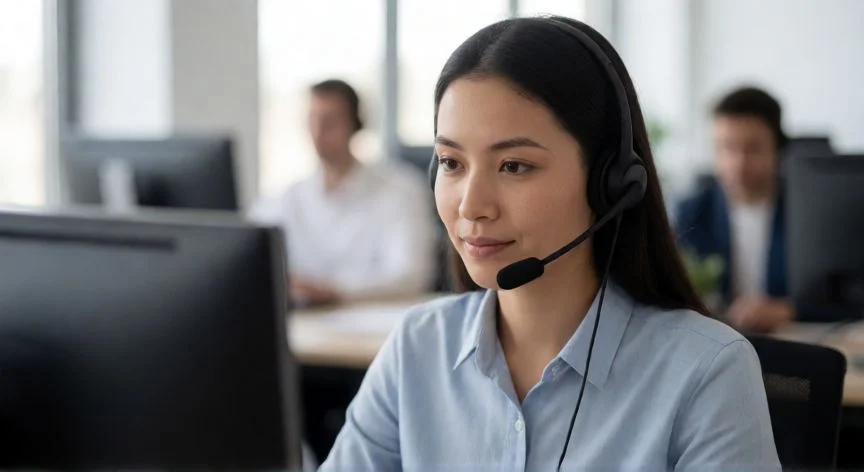 como hacer que amazon me llame, Agente de atención al cliente de Amazon con auriculares listo para una llamada