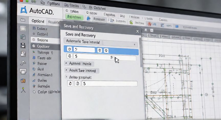 como hacer que autocad guarde cada 5 minutos, Ventana de opciones de AutoCAD mostrando la configuración del intervalo de guardado automático