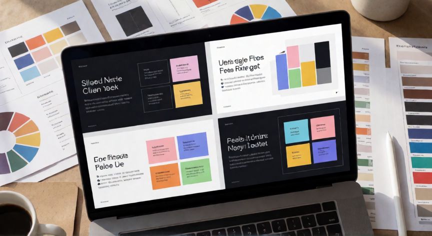como hacer que cada diapositiva tenga un diseño diferente, Espacio de trabajo de diseño con diapositivas de presentación variadas en la pantalla