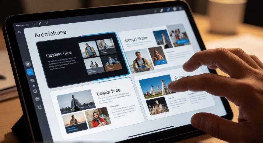 como hacer que cada diapositiva tenga un diseño diferente, Manos seleccionando diferentes variantes de diseño en una presentación digital