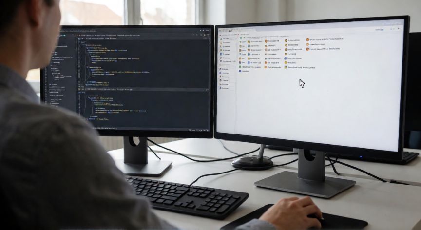como hacer que cada monitor sea independiente, Persona trabajando con dos monitores independientes