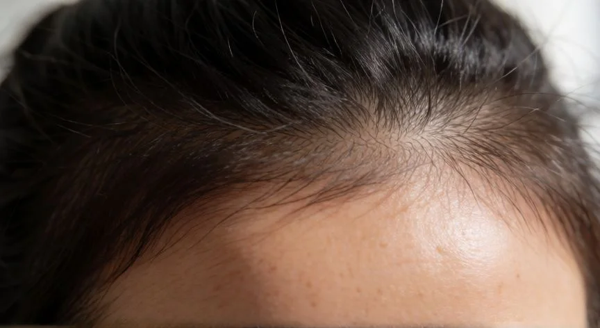 Detalle de cuero cabelludo sano con crecimiento de nuevo cabello en las raíces