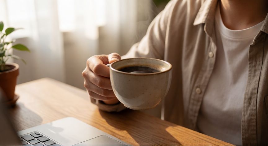 como hacer que el cafe me despierte, Persona tomando café con luz natural de la mañana