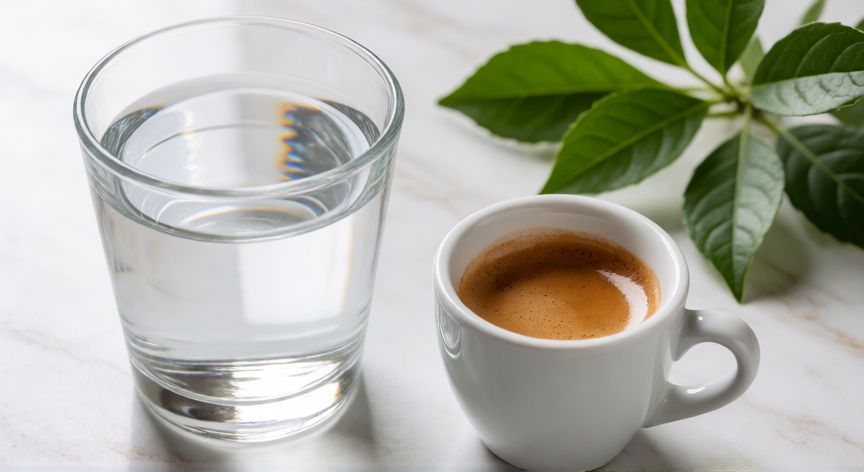 como hacer que el cafe me despierte, Vaso de agua y café junto en una superficie clara