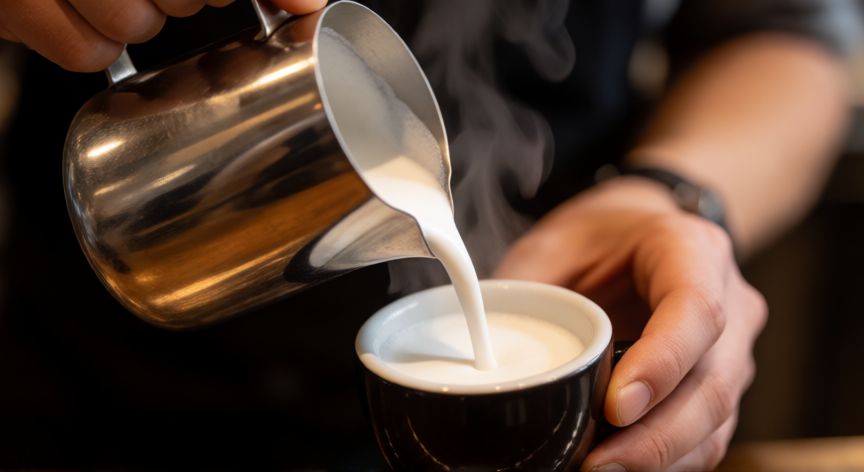 como hacer que el cafe tenga espuma, Vertiendo espuma de leche cremosa en café con técnica profesional