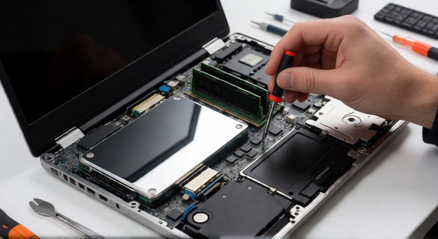 como hacer que el ordenador vaya mas rapido, Técnico instalando un disco SSD y memoria RAM en un portátil abierto
