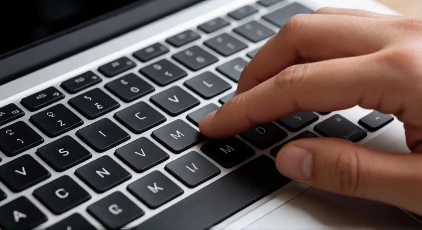 Teclado de portátil con dedo presionando la tecla de punto o coma