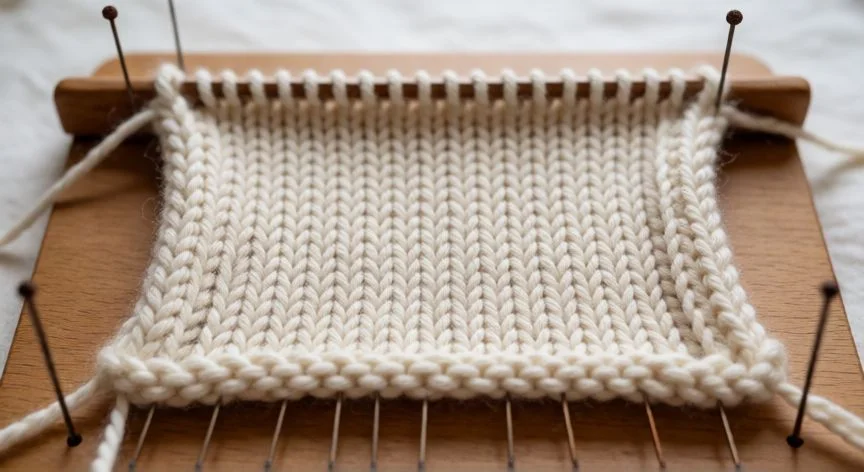 Proceso de bloqueo de un tejido a punto jersey sobre una tabla con alfileres