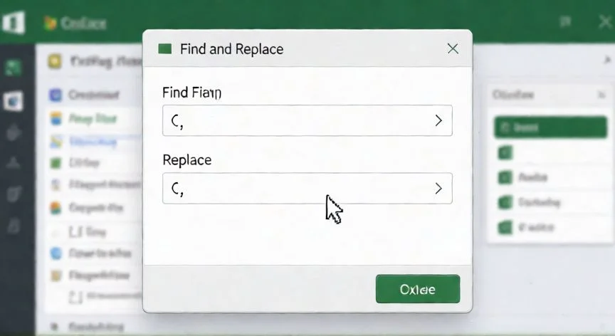 como hacer que el punto sea coma en excel, Ventana de Buscar y Reemplazar en Excel configurada para cambiar puntos por comas