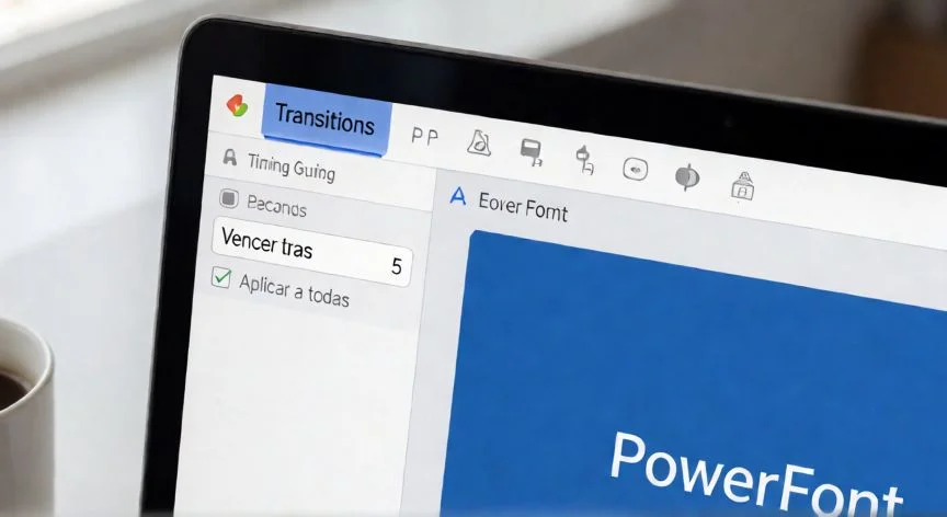 Pantalla de PowerPoint con la pestaña Transiciones abierta mostrando la configuración de tiempo de avance automático