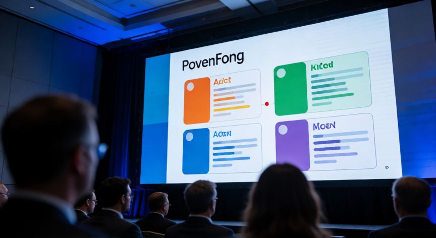 como hacer que en powerpoint las diapositivas pasen solas, Sala de conferencias con una presentación de PowerPoint proyectada en pantalla grande durante un evento