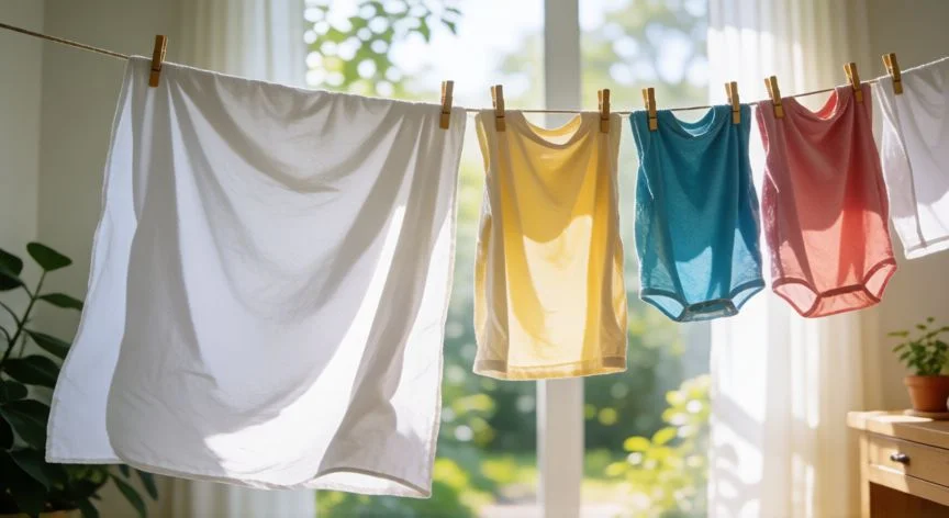 como hacer que huela a nuevo la ropa, Ropa tendiendo al aire libre con luz del sol y ambiente fresco