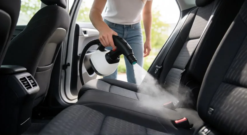 Limpieza profunda de asientos de coche con vapor para eliminar olores