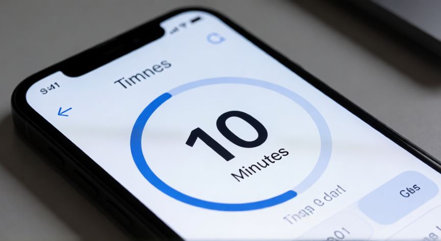 como hacer que mi alarma suene cada 10 minutos, Pantalla de móvil mostrando una app de temporizador configurada para diez minutos