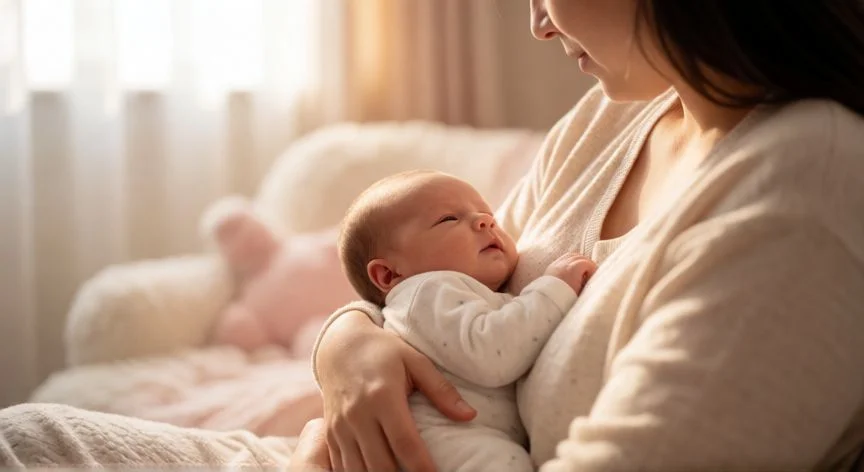 Madre en contacto piel con piel con su bebé despierto y atento