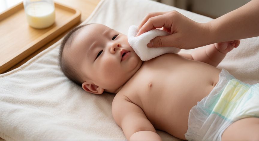 como hacer que mi bebe coma cada 3 horas, Bebé sobre la mesa de cambio siendo despertado suavemente para comer