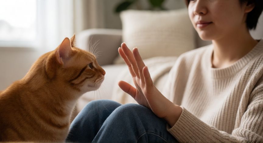 Persona sentada en el suelo ofreciendo la mano a un gato naranja con cautela