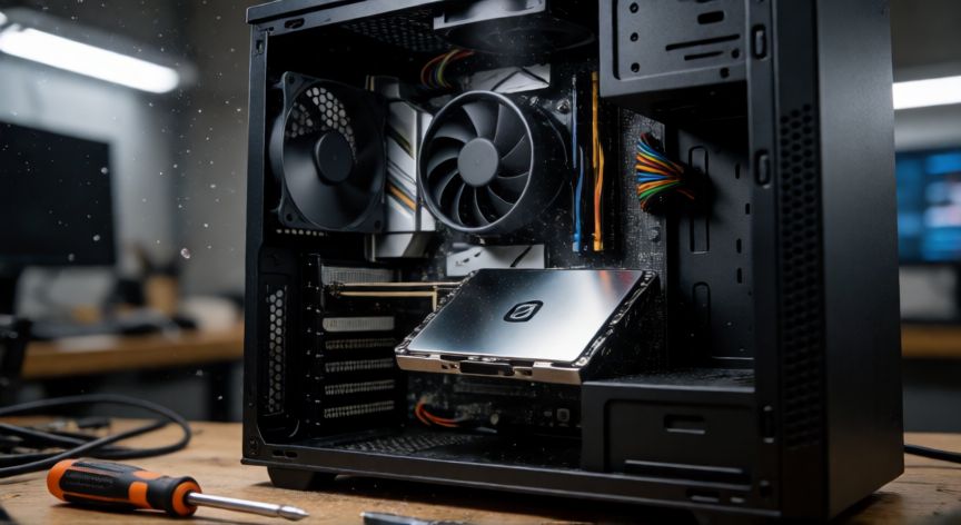 como hacer que mi ordenador vaya mas rapido, Técnico instalando una unidad SSD en la placa base de un ordenador de sobremesa