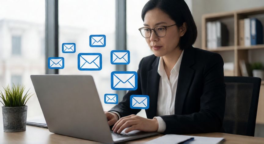 como hacer que outlook se actualice cada minuto, Persona revisando correos electrónicos en tiempo real en su portátil de oficina