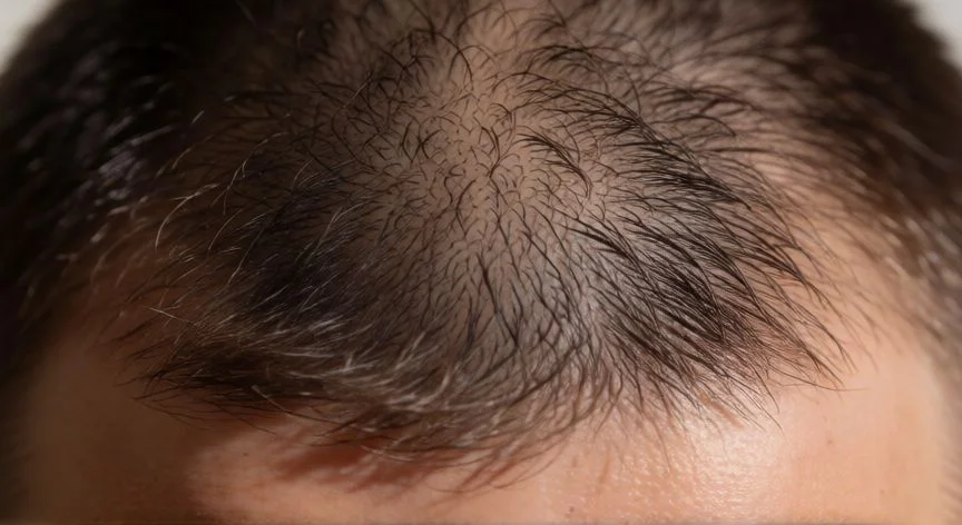 Corte macro del cuero cabelludo sano mostrando folículos pilosos activos y cabello nuevo saliendo de la piel.