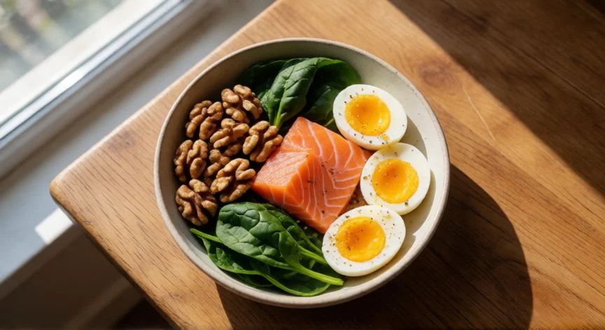 como hacer que salga nuevo cabello, Bowl con alimentos ricos en nutrientes esenciales para el crecimiento del cabello como nueces, espinacas y salmón.