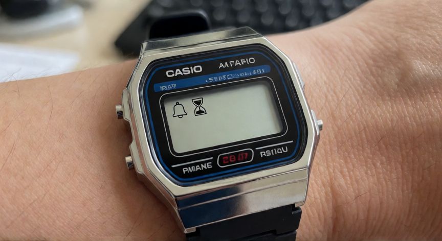 como hacer que suene cada hora reloj casio, Reloj Casio digital mostrando el icono de configuración de hora y alarma