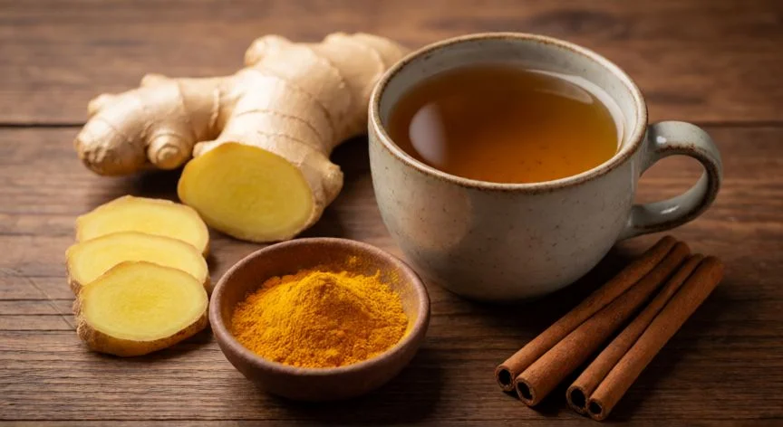 como hacer que te baje la regla, Infusiones naturales como jengibre y cúrcuma sobre una mesa de madera
