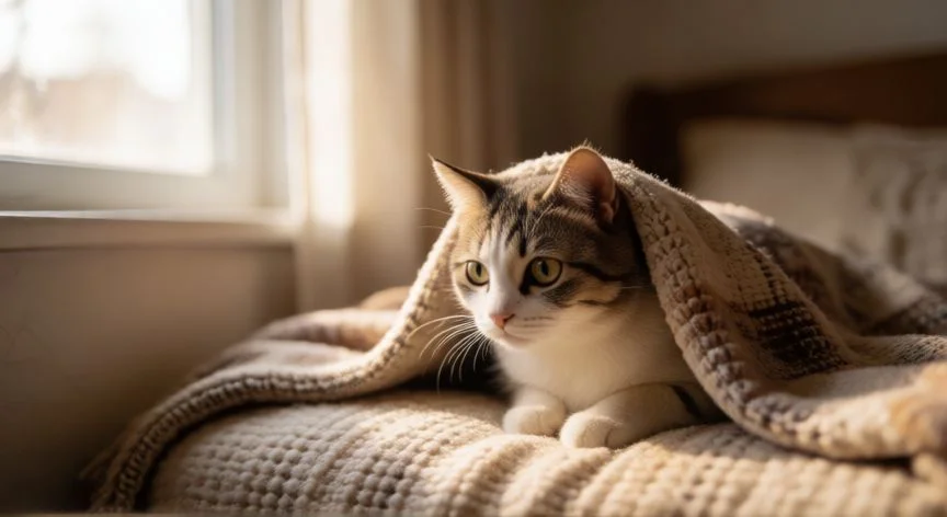 Gato nuevo escondiéndose bajo una manta durante su adaptación al hogar