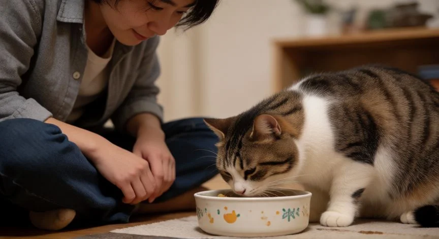 como hacer que un gato nuevo se adapte, Persona sentada en el suelo mientras un gato come cerca, estableciendo confianza