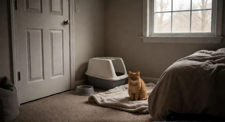 Gato naranja en una habitación aislada preparada para su adaptación