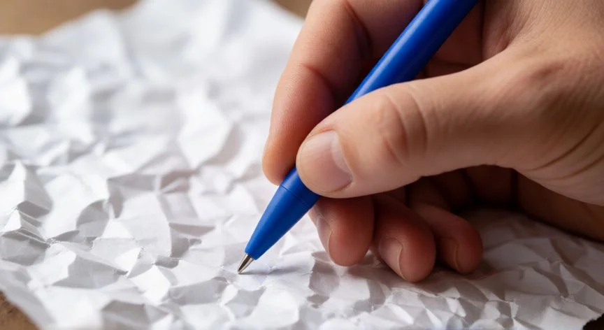 Mano escribiendo con un lapicero nuevo sobre papel arrugado