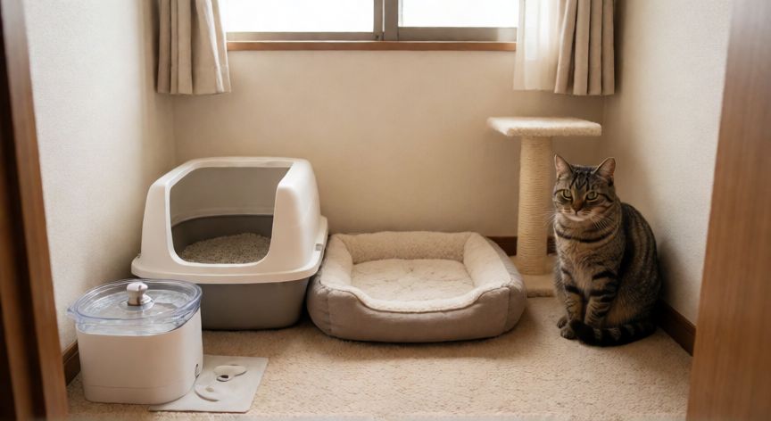 Habitación preparada para la cuarentena inicial de un gato nuevo